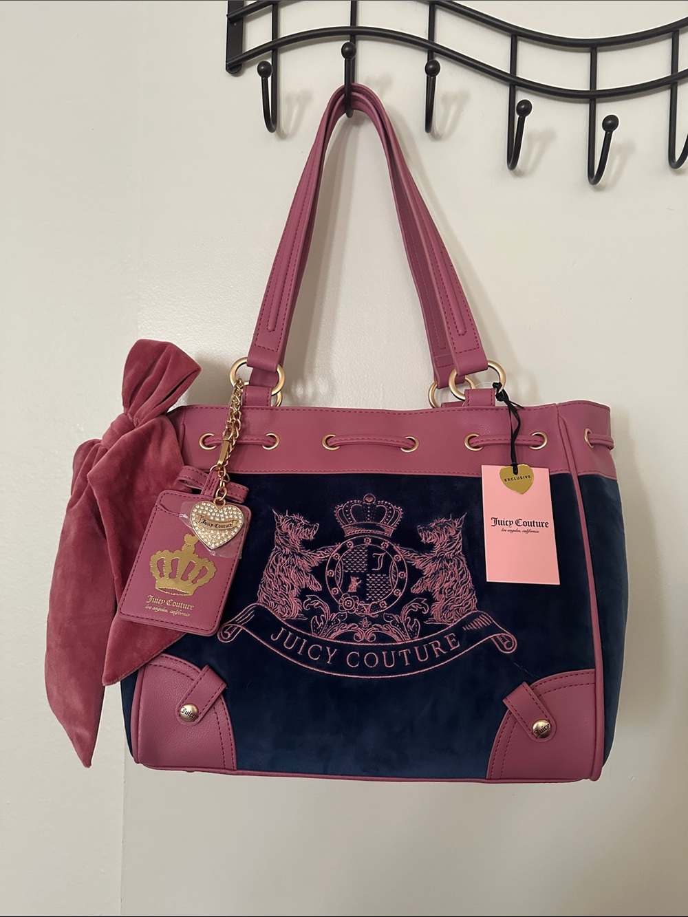 Juicy Couture Navy Velvet Tote with Pink Trim and Bow Charm